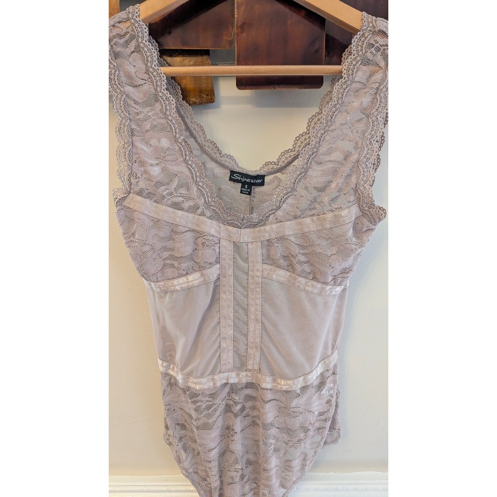 Shinestar Lace Bodysuit S Mauve Mesh Ribbon Trim V-Neck Sleeveless Coquette